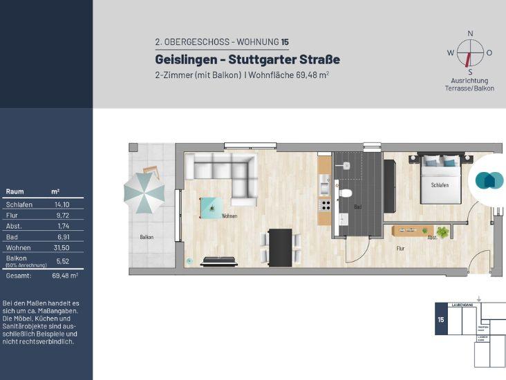 Etagenwohnung Geislingen an der Steige - 2 Zimmer, 70 m&sup2;, 820&euro; | Angebot:23510004