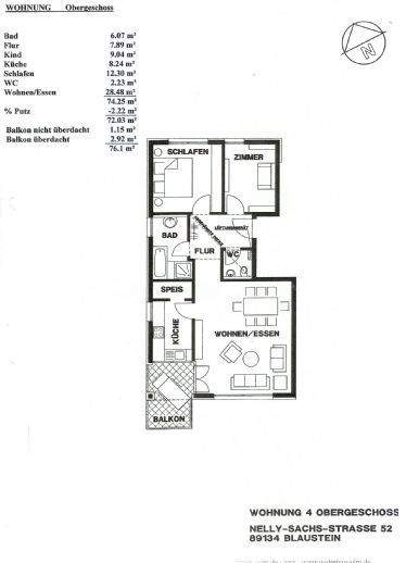 Etagenwohnung Blaustein Ehrenstein - 3 Zimmer, 76 m&sup2;, 939&euro; | Angebot:26128135