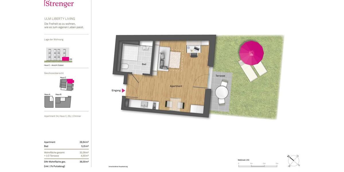 Erdgeschoßwohnung Ulm - 1 Zimmer, 36 m&sup2;, 1.050&euro; | Angebot:25645778