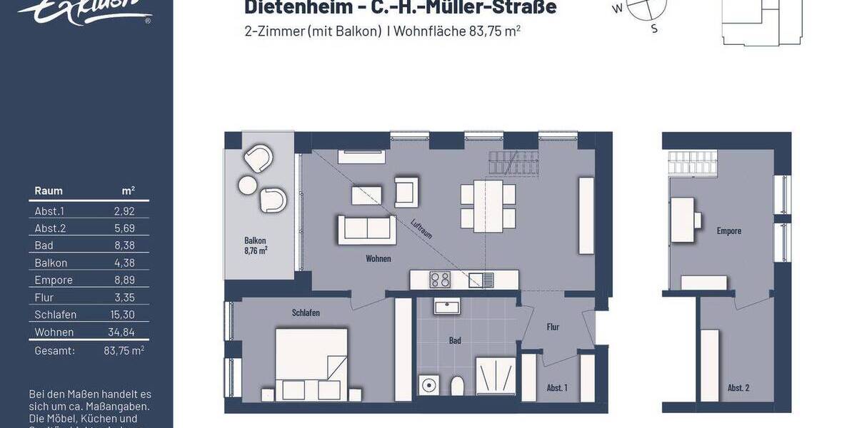 Etagenwohnung Dietenheim - 2 Zimmer, 83 m&sup2;, 399.500&euro; | Angebot:25690422