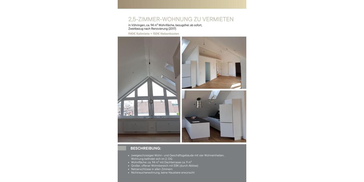 Dachgeschoßwohnung Vöhringen - 2.5 Zimmer, 94 m&sup2;, 1.090&euro; | Angebot:26024630