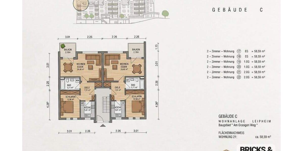 Etagenwohnung Leipheim - 2 Zimmer, 58 m&sup2;, 199.000&euro; | Angebot:25836472